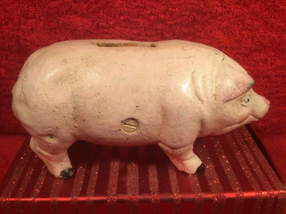Cast Iron Pink Pig Vintage Penny Coin Bank 