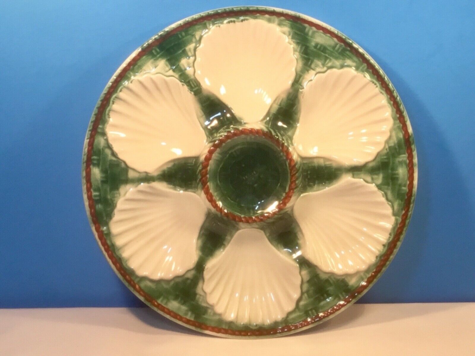 French Majolica Oyster Plate Shells & Basketweave
